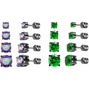 8 Pairs Titanium Stainless Steel Stud Earrings for Women Men, Screw Back Black Multipack Earring Sets 5A Cubic Zirconia Crystal Studs for Sensitive Ears 3-6mm