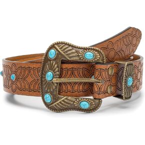 Western PU-Leather-Belts for Women Girls,Floral Embossed Cowboy-Cowgirl Belt with Turquoise for Jeans