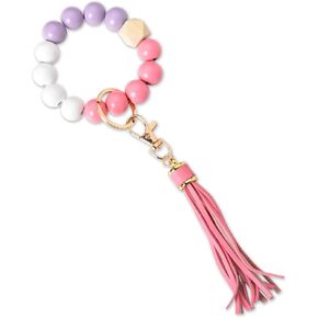 Beaded Keychain Bracelet Wristlet for Women Wood Bead Wrist Keyring with Tassel for Girls Birthday Christmas Gifts