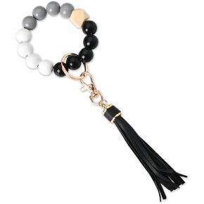Beaded Keychain Bracelet Wristlet for Women Wood Bead Wrist Keyring with Tassel for Girls Birthday Christmas Gifts