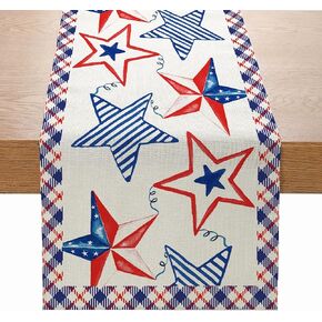 4th of July Patriotic Table Runner, Independence Day Table Decor for Indoor Outdoor Home Party Decoration, Red White and Blue Rustic Dining Room Table Runner for Memorial Day