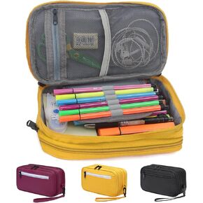 Pencil Case, Chasechic Large Pen Pouch Holder with Double Zipped Compartment and Wristlet for School Office Yellow