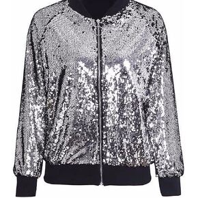 Womens Fancy Zipper Sequin Glitter Bomber Jacket Ladies Long Sleeve Biker Festive Party Coat