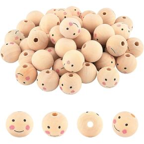 PH PandaHall 50pcs Wooden Beads 25mm/1 inch Wood Beads Natural Wood Beads Loose Beads with Face for Chiristmas Tree Wreath DIY Key Chain Angel Craft Jewelry Making, 5.5mm Hole