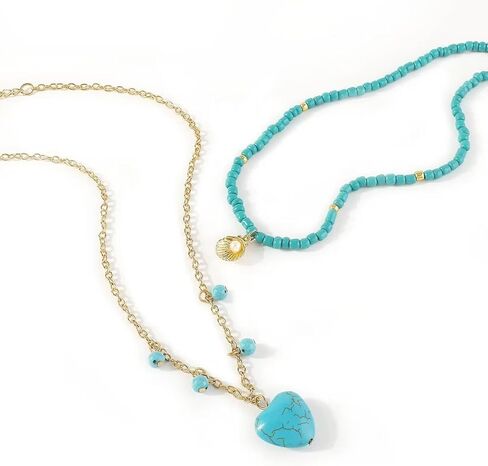 البوهيمي متعدد الطبقات القلب قلادة قلادة الفيروز شل ستار قلادة شخصية مجوهرات اكسسوارات هدية للنساء والفتيات in Kuwait