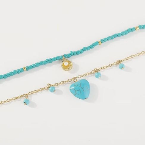 البوهيمي متعدد الطبقات القلب قلادة قلادة الفيروز شل ستار قلادة شخصية مجوهرات اكسسوارات هدية للنساء والفتيات in Kuwait