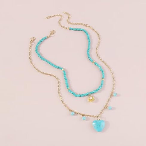 البوهيمي متعدد الطبقات القلب قلادة قلادة الفيروز شل ستار قلادة شخصية مجوهرات اكسسوارات هدية للنساء والفتيات in Kuwait