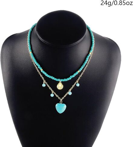 البوهيمي متعدد الطبقات القلب قلادة قلادة الفيروز شل ستار قلادة شخصية مجوهرات اكسسوارات هدية للنساء والفتيات in Kuwait