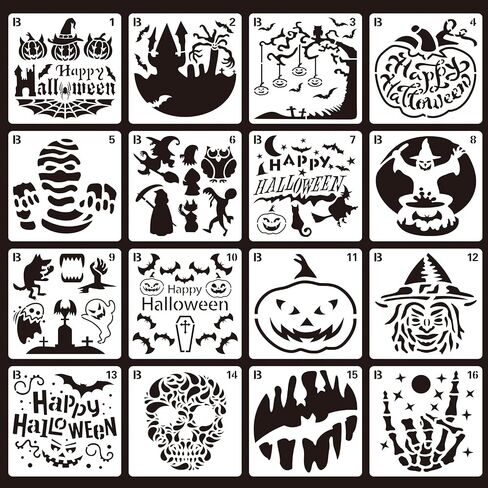 16 Pcs Halloween Decoration Stencils , Reusable Halloween Theme Painting Stencil Pumpkin Ghost Pattern Drawing Template for for Painting on Wood Walls Fabrics Windows in Saudi Arabia