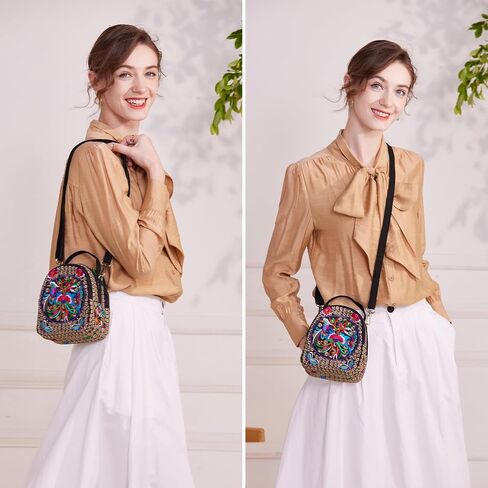 Embroidery Canvas Shoulder Bag Women Vintage Boho Mini Crossbody Bag Handbag Cell Phone Pouch in Saudi Arabia