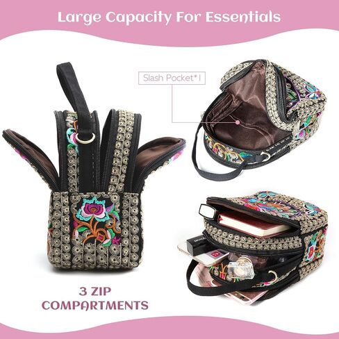 Embroidery Canvas Shoulder Bag Women Vintage Boho Mini Crossbody Bag Handbag Cell Phone Pouch in Saudi Arabia
