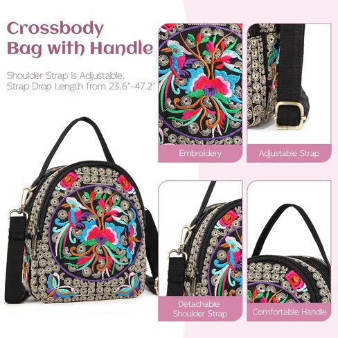 Embroidery Canvas Shoulder Bag Women Vintage Boho Mini Crossbody Bag Handbag Cell Phone Pouch in Saudi Arabia