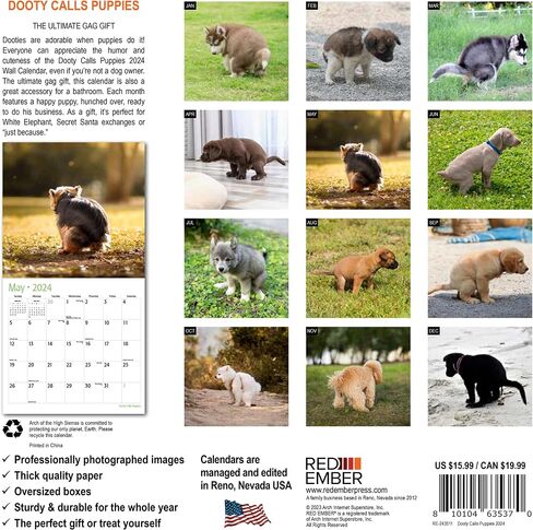 RED EMBER Funny Gag Gift Dooty Calls Puppies 2024 Hangable Monthly Wall Calendar Pooping Crapping | 12" x 24" Open | Thick & Sturdy Paper | Giftable | Joke, White Elephant, Yankee Swap, Secret Dirty in Saudi Arabia