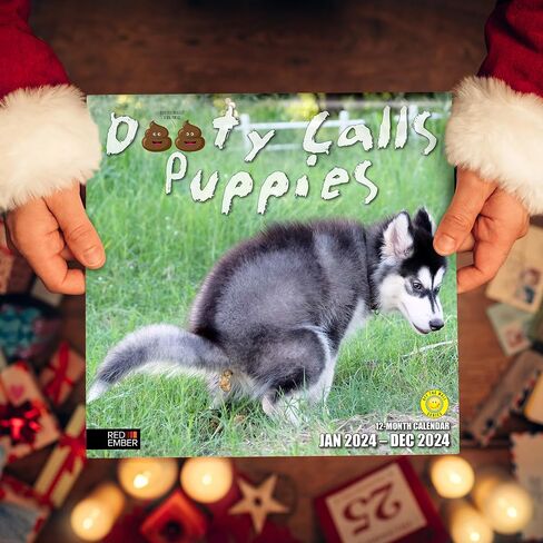 RED EMBER Funny Gag Gift Dooty Calls Puppies 2024 Hangable Monthly Wall Calendar Pooping Crapping | 12" x 24" Open | Thick & Sturdy Paper | Giftable | Joke, White Elephant, Yankee Swap, Secret Dirty in Saudi Arabia