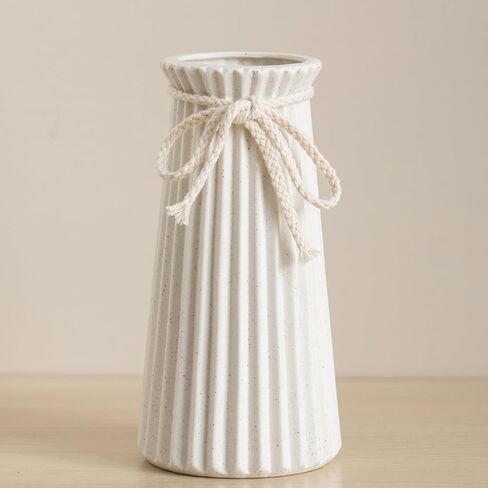 White Ceramic Vase for Flowers and Pampas Grass, Small Ribbed Vase in Modern Nordic Rustic Style for Home Decor, 7.5 Inch Decorative Table Vase for Centerpieces - Natural White in Saudi Arabia