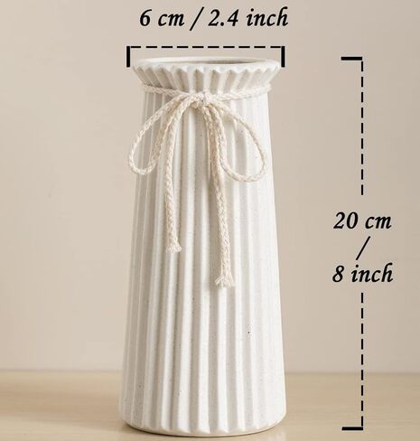 White Ceramic Vase for Flowers and Pampas Grass, Small Ribbed Vase in Modern Nordic Rustic Style for Home Decor, 7.5 Inch Decorative Table Vase for Centerpieces - Natural White in Saudi Arabia