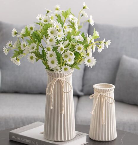 White Ceramic Vase for Flowers and Pampas Grass, Small Ribbed Vase in Modern Nordic Rustic Style for Home Decor, 7.5 Inch Decorative Table Vase for Centerpieces - Natural White in Saudi Arabia
