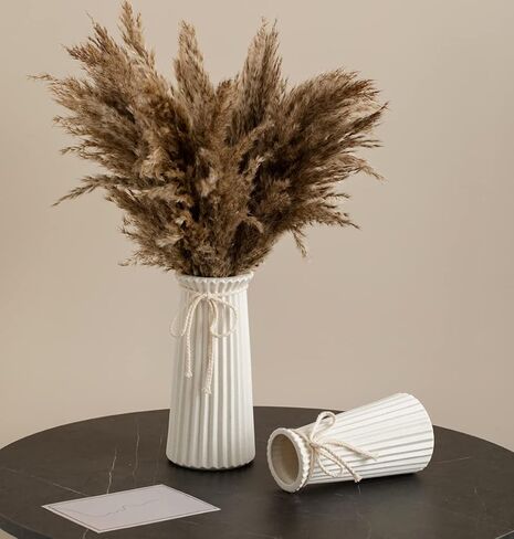 White Ceramic Vase for Flowers and Pampas Grass, Small Ribbed Vase in Modern Nordic Rustic Style for Home Decor, 7.5 Inch Decorative Table Vase for Centerpieces - Natural White in Saudi Arabia