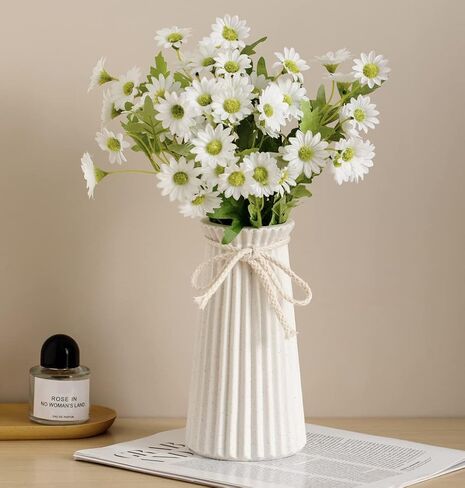 White Ceramic Vase for Flowers and Pampas Grass, Small Ribbed Vase in Modern Nordic Rustic Style for Home Decor, 7.5 Inch Decorative Table Vase for Centerpieces - Natural White in Saudi Arabia
