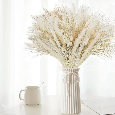 White Ceramic Vase for Flowers and Pampas Grass, Small Ribbed Vase in Modern Nordic Rustic Style for Home Decor, 7.5 Inch Decorative Table Vase for Centerpieces - Natural White in Saudi Arabia