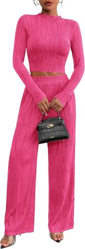 PRETTYGARDEN Women's Fall 2 Piece Outfits 2024 Casual Long Sleeve Crewneck Crop Top Wide Leg Pant Textured Lounge Sets in Saudi Arabia