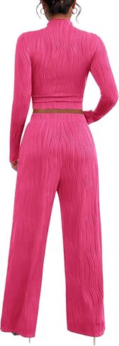 PRETTYGARDEN Women's Fall 2 Piece Outfits 2024 Casual Long Sleeve Crewneck Crop Top Wide Leg Pant Textured Lounge Sets in Saudi Arabia