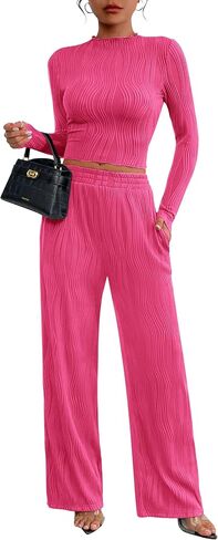 PRETTYGARDEN Women's Fall 2 Piece Outfits 2024 Casual Long Sleeve Crewneck Crop Top Wide Leg Pant Textured Lounge Sets in Saudi Arabia