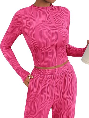 PRETTYGARDEN Women's Fall 2 Piece Outfits 2024 Casual Long Sleeve Crewneck Crop Top Wide Leg Pant Textured Lounge Sets in Saudi Arabia