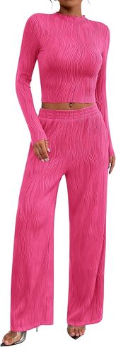 PRETTYGARDEN Women's Fall 2 Piece Outfits 2024 Casual Long Sleeve Crewneck Crop Top Wide Leg Pant Textured Lounge Sets in Saudi Arabia