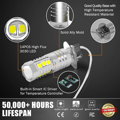 H3 LED Fog Light Bulbs, 2000 Lumens Extremely Bright 3030-SMD H3 LED Bulbs with Projector for Auto Motorcycle Cars Trucks SUV Fog DRL Lights(8000K Ice Blue) in Saudi Arabia