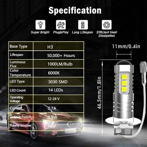 H3 LED Fog Light Bulbs, 2000 Lumens Extremely Bright 3030-SMD H3 LED Bulbs with Projector for Auto Motorcycle Cars Trucks SUV Fog DRL Lights(8000K Ice Blue) in Saudi Arabia