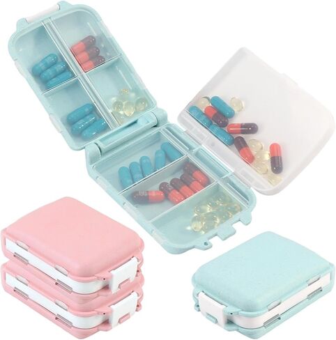 4Pcs Pill Organizer,8 Compartments Portable Pill Box,Travel Pill Box,Three Folding Design Daily Pill Organizer for Pocket Purse Medicine Vitamin Holder Container(Pink,Blue) in Saudi Arabia