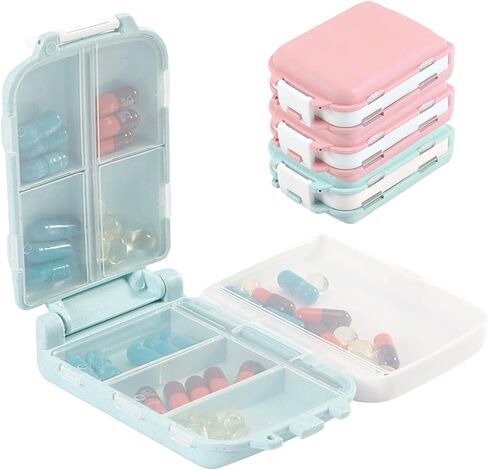 4Pcs Pill Organizer,8 Compartments Portable Pill Box,Travel Pill Box,Three Folding Design Daily Pill Organizer for Pocket Purse Medicine Vitamin Holder Container(Pink,Blue) in Saudi Arabia