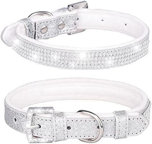 Rhinestone Dog Collar, Cute Dazzling Sparkling Leather Dog Cat Rhinestone Collar Crystal Diamond Pet Dog Puppy Collar (S:21-27cm, Blue) in Kuwait