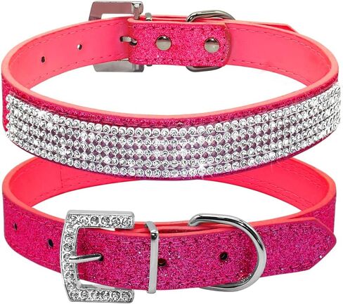 Rhinestone Dog Collar, Cute Dazzling Sparkling Leather Dog Cat Rhinestone Collar Crystal Diamond Pet Dog Puppy Collar (S:21-27cm, Blue) in Kuwait