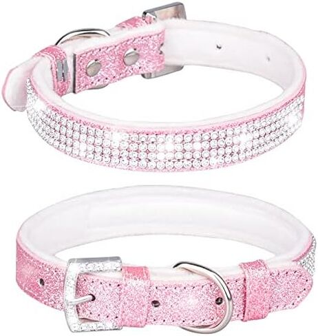 Rhinestone Dog Collar, Cute Dazzling Sparkling Leather Dog Cat Rhinestone Collar Crystal Diamond Pet Dog Puppy Collar (S:21-27cm, Blue) in Kuwait