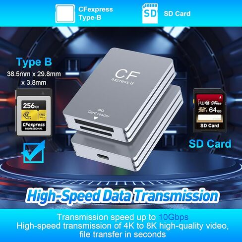 قارئ بطاقات CFexpress من النوع B وقارئ بطاقات SD، USB 3.2 Gen 2 10 جيجابت في الثانية قارئ بطاقات CFexpress، قارئ بطاقات CF Express مع كابل USB C إلى USB A/C متوافق مع أنظمة التشغيل Windows/Mac OS/Linux/Android in Kuwait