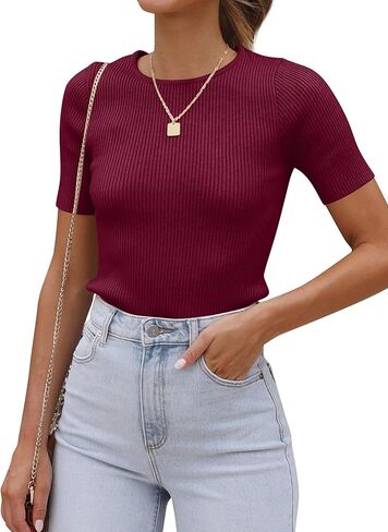 SAMPEEL Womens Tops Short Sleeve Trendy Ribbed Knit Basic Tshirts in Kuwait