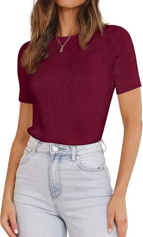 SAMPEEL Womens Tops Short Sleeve Trendy Ribbed Knit Basic Tshirts in Kuwait