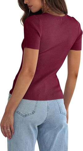 SAMPEEL Womens Tops Short Sleeve Trendy Ribbed Knit Basic Tshirts in Kuwait