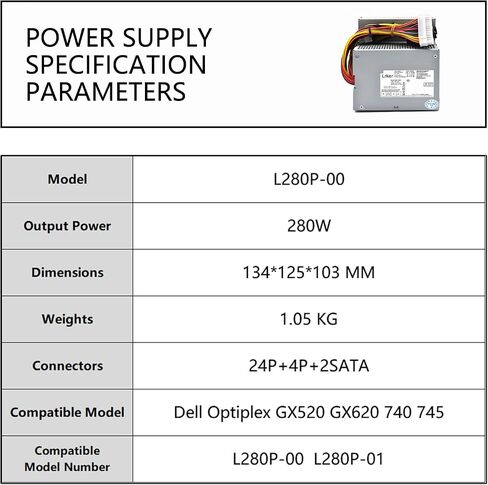 مصدر طاقة 280 واط متوافق مع Dell Optiplex GX520 GX620 740 745 755 210L 320 330/Dimension C521 3100C GX280 in Saudi Arabia