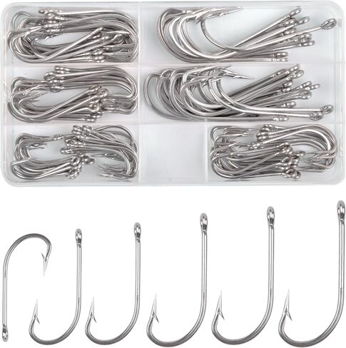 Stainless Steel Saltwater Fishing Hooks Kit - 115pcs Extra Strong O'Shaughnessy Forged Long Shank Trolling Hooks Assortment Sizes with Box for Freshwater Saltwater in Saudi Arabia