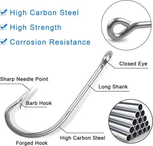 Stainless Steel Saltwater Fishing Hooks Kit - 115pcs Extra Strong O'Shaughnessy Forged Long Shank Trolling Hooks Assortment Sizes with Box for Freshwater Saltwater in Saudi Arabia