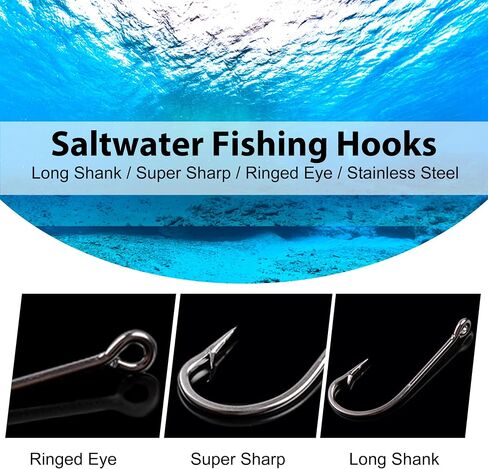 Stainless Steel Saltwater Fishing Hooks Kit - 115pcs Extra Strong O'Shaughnessy Forged Long Shank Trolling Hooks Assortment Sizes with Box for Freshwater Saltwater in Saudi Arabia
