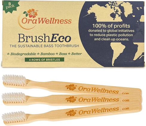 Bamboo Toothbrush, Sustainable BrushEco Bass Toothbrush with 3 Rows, Biodegradable Wooden Toothbrush for Healthy Mouth, Gums & Teeth, Reducing Gum Disease, BPA Free & Made in USA - 3 Pack in Saudi Arabia