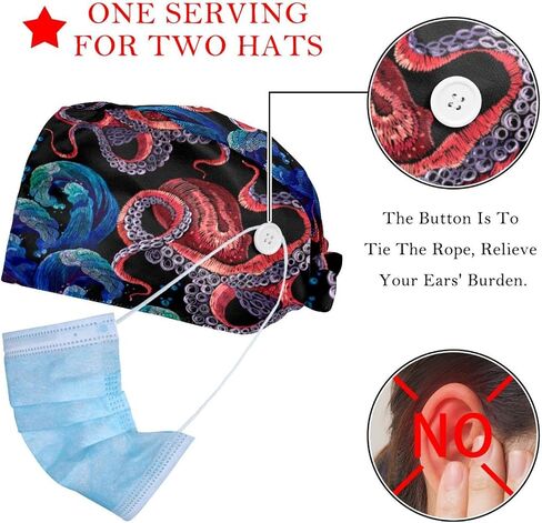 2 Packs Working Cap with Buttons Sweatband Adjustable Hats Surgical Caps for Women Men, Cute Colorful Cats in Kuwait