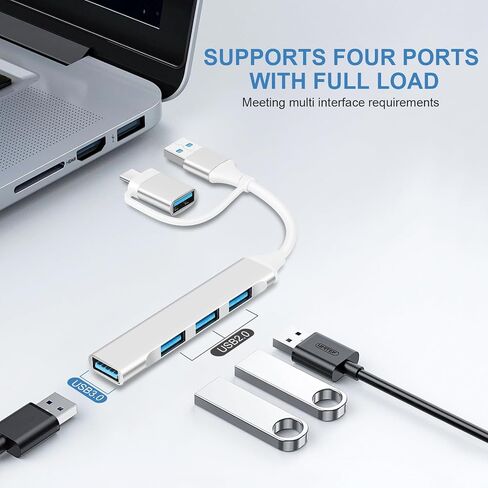 محول USB C Hub متعدد المنافذ 2 في 1 محمول USB C إلى USB Hub 3.0 من الألومنيوم USB نوع C موزع بيانات لجهاز MacBook Pro/Air، الكمبيوتر المحمول، PS4، PS5، الطابعة، رمادي in Kuwait