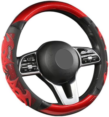 GZE Honeycomb Steering Wheel Cover Carbon Fiber Leather Breathable Wear-Resistant 15 Inch Four Seasons Universal Car Steering Wheel Covers (Black-Red) in Saudi Arabia