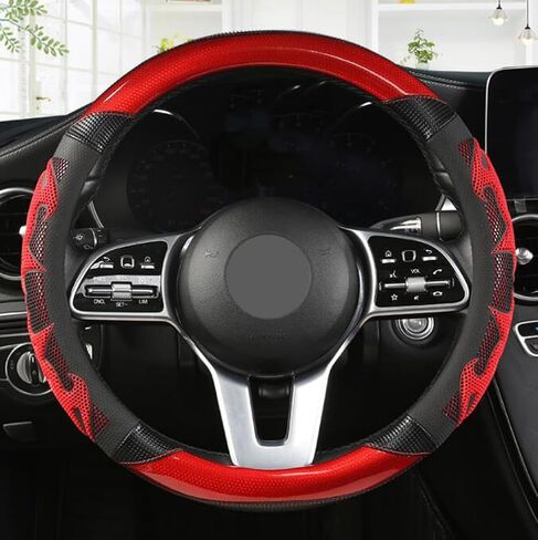 GZE Honeycomb Steering Wheel Cover Carbon Fiber Leather Breathable Wear-Resistant 15 Inch Four Seasons Universal Car Steering Wheel Covers (Black-Red) in Saudi Arabia