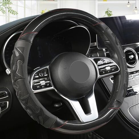 GZE Honeycomb Steering Wheel Cover Carbon Fiber Leather Breathable Wear-Resistant 15 Inch Four Seasons Universal Car Steering Wheel Covers (Black-Red) in Saudi Arabia